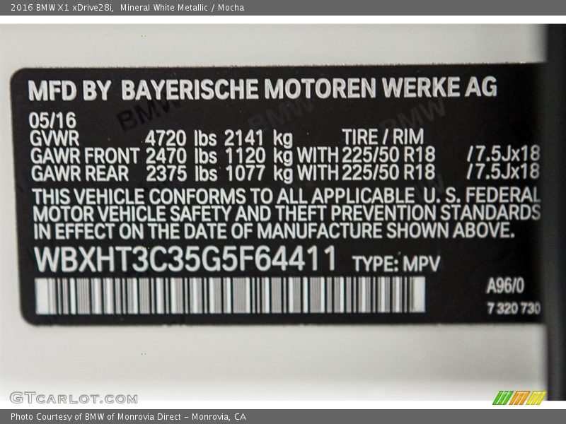 Mineral White Metallic / Mocha 2016 BMW X1 xDrive28i