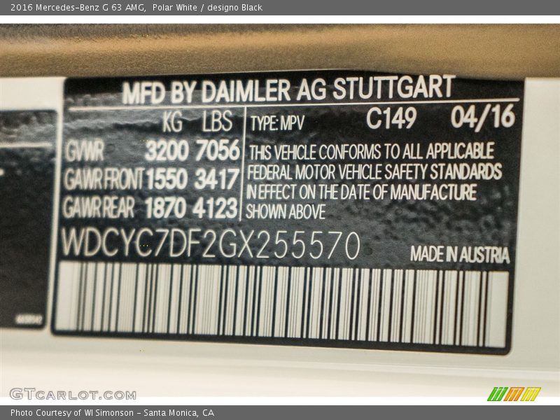 2016 G 63 AMG Polar White Color Code 149
