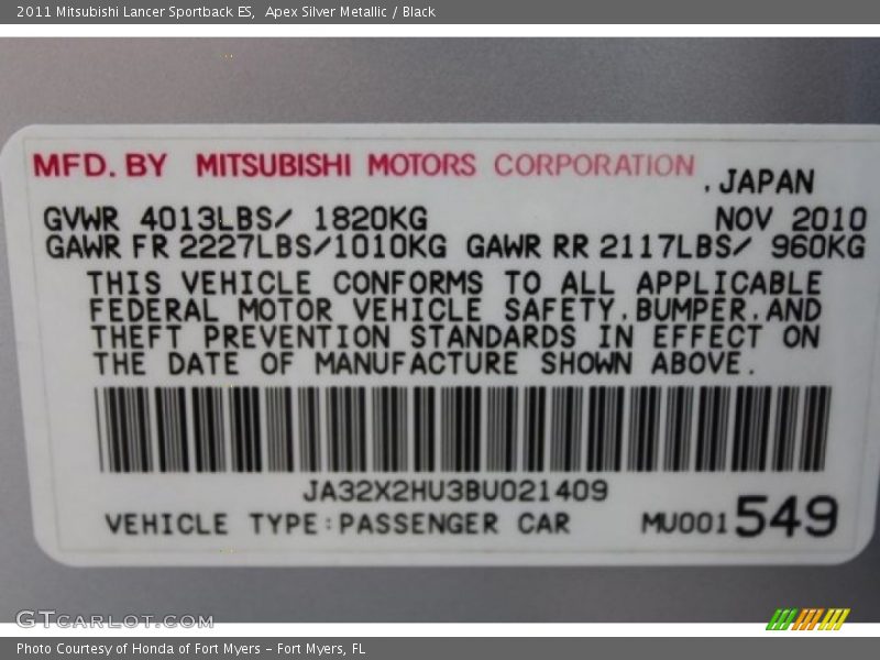Apex Silver Metallic / Black 2011 Mitsubishi Lancer Sportback ES