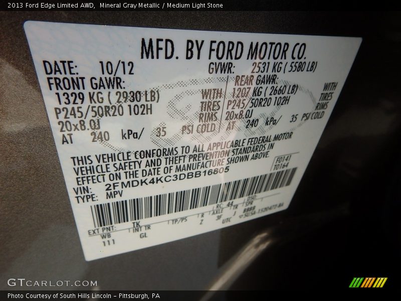 Mineral Gray Metallic / Medium Light Stone 2013 Ford Edge Limited AWD