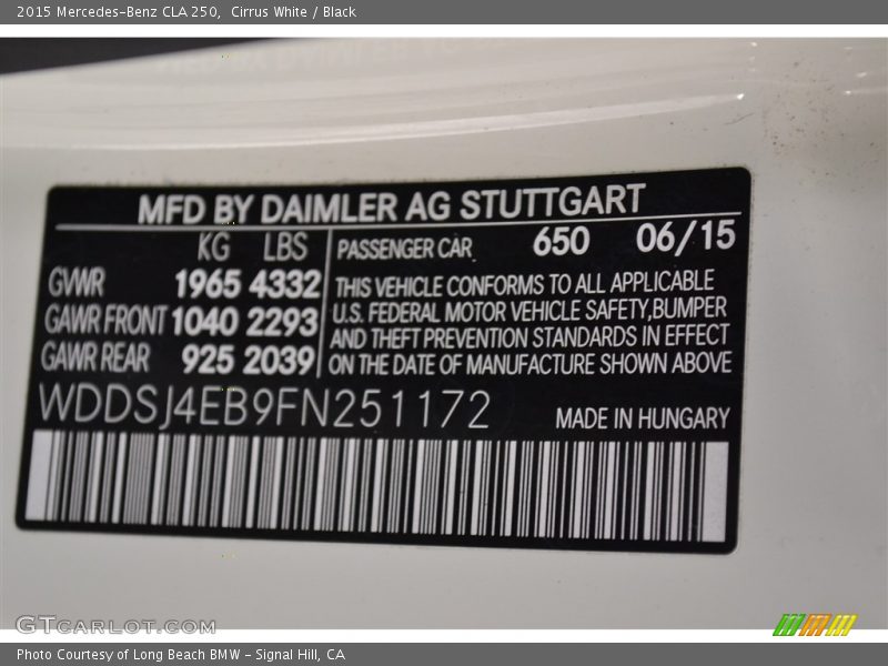 Cirrus White / Black 2015 Mercedes-Benz CLA 250