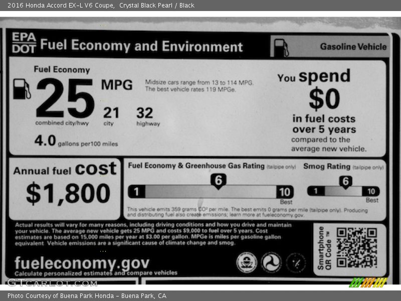 Crystal Black Pearl / Black 2016 Honda Accord EX-L V6 Coupe