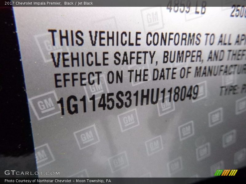 Black / Jet Black 2017 Chevrolet Impala Premier
