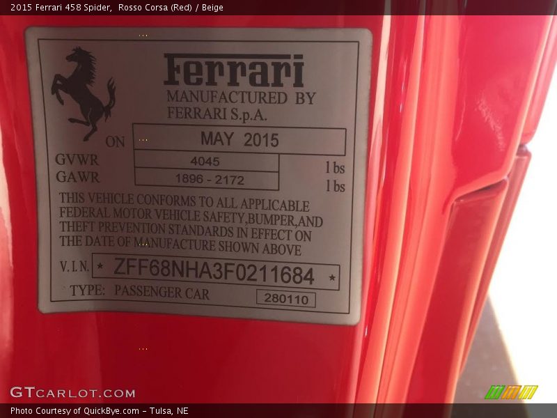 Rosso Corsa (Red) / Beige 2015 Ferrari 458 Spider