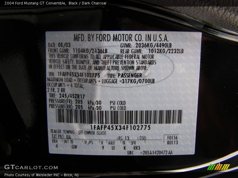 Black / Dark Charcoal 2004 Ford Mustang GT Convertible