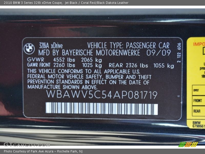 Jet Black / Coral Red/Black Dakota Leather 2010 BMW 3 Series 328i xDrive Coupe
