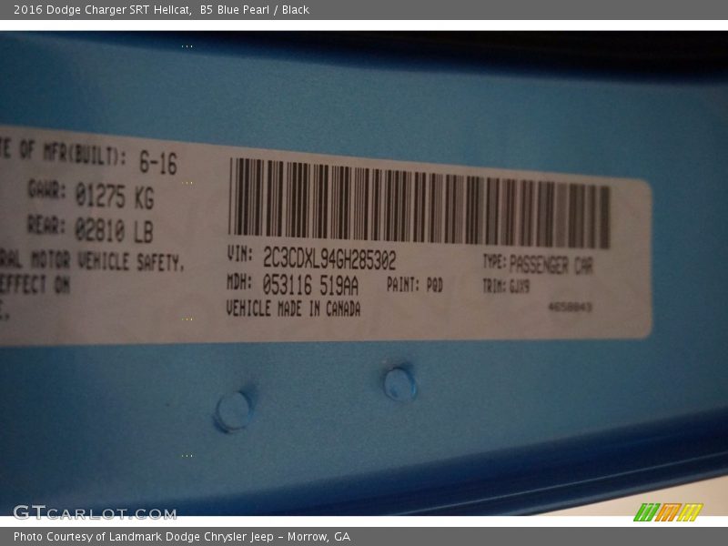 2016 Charger SRT Hellcat B5 Blue Pearl Color Code PQD