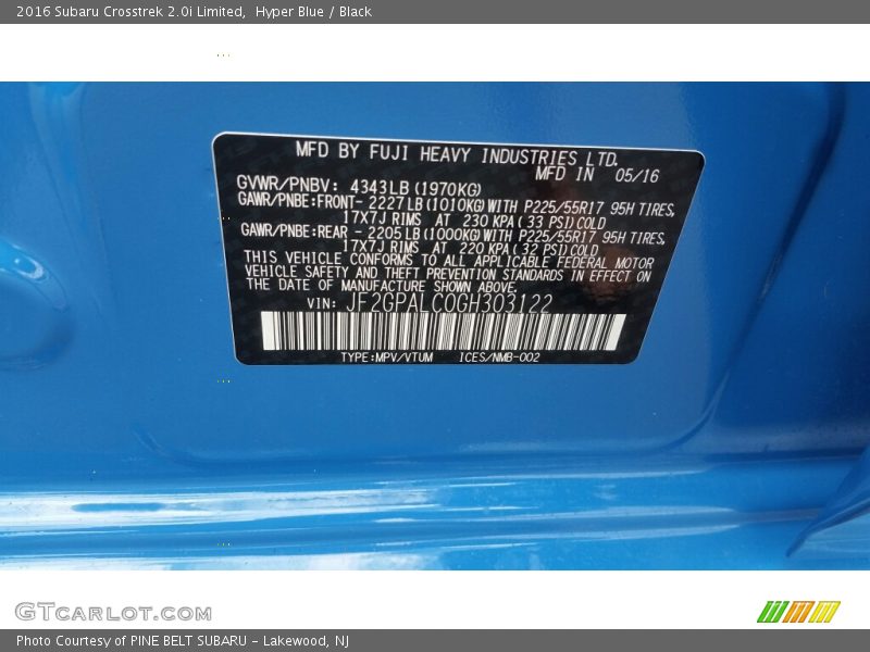 Hyper Blue / Black 2016 Subaru Crosstrek 2.0i Limited