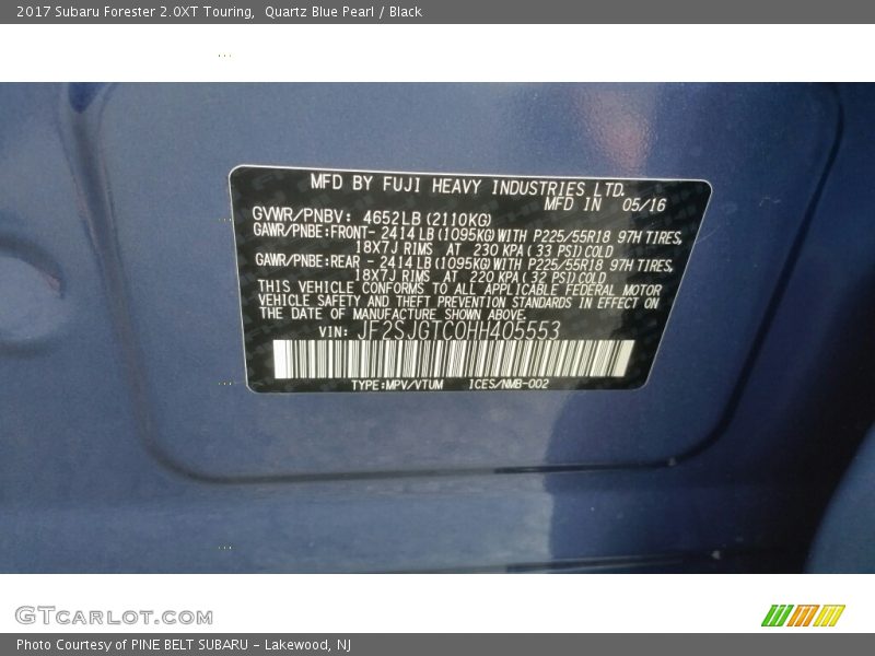 Quartz Blue Pearl / Black 2017 Subaru Forester 2.0XT Touring
