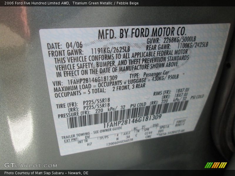Titanium Green Metallic / Pebble Beige 2006 Ford Five Hundred Limited AWD