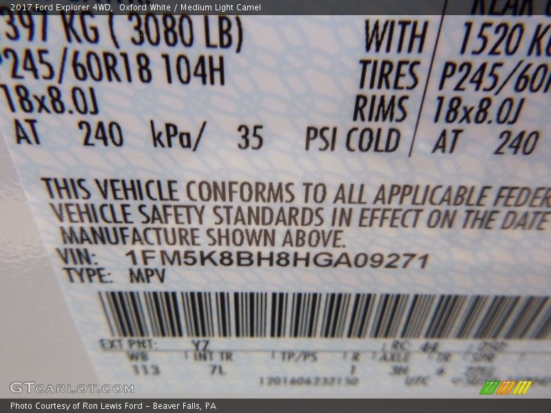 2017 Explorer 4WD Oxford White Color Code YZ