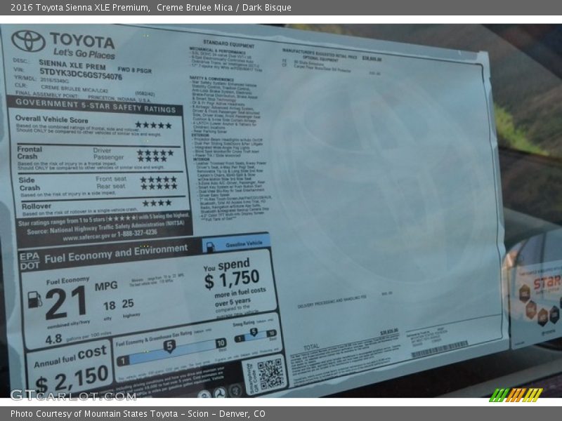Creme Brulee Mica / Dark Bisque 2016 Toyota Sienna XLE Premium