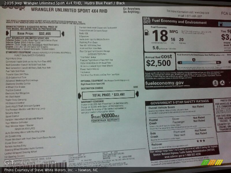 Hydro Blue Pearl / Black 2016 Jeep Wrangler Unlimited Sport 4x4 RHD