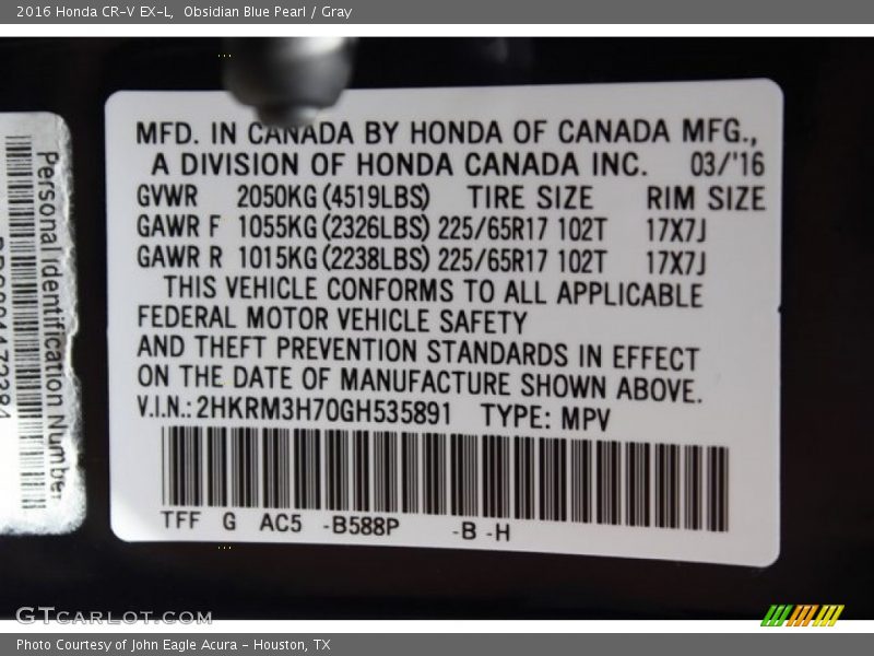 Obsidian Blue Pearl / Gray 2016 Honda CR-V EX-L