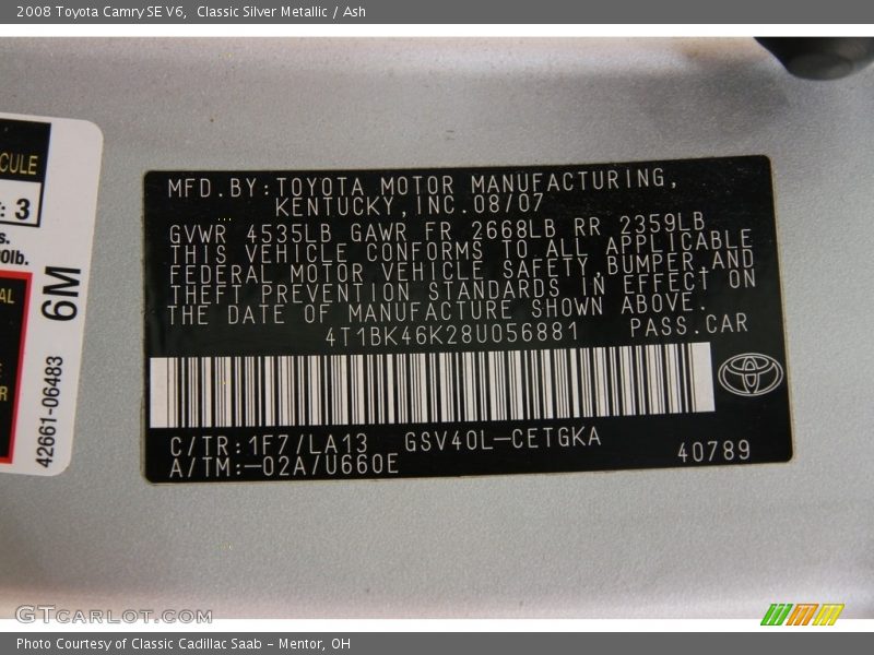 Classic Silver Metallic / Ash 2008 Toyota Camry SE V6