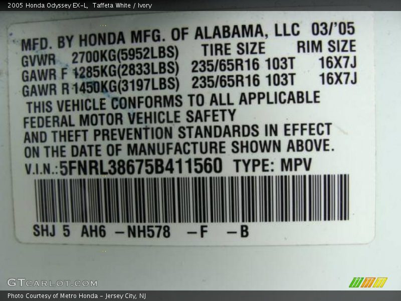 Taffeta White / Ivory 2005 Honda Odyssey EX-L