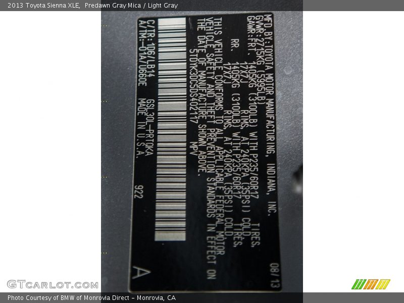 Predawn Gray Mica / Light Gray 2013 Toyota Sienna XLE