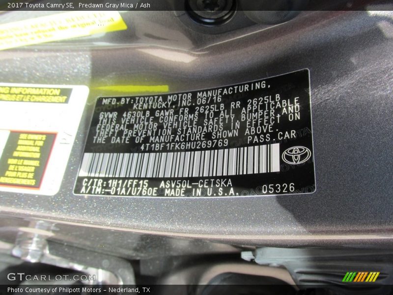 2017 Camry SE Predawn Gray Mica Color Code 1H1