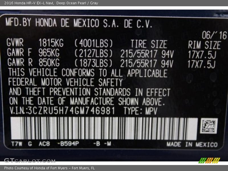 Deep Ocean Pearl / Gray 2016 Honda HR-V EX-L Navi