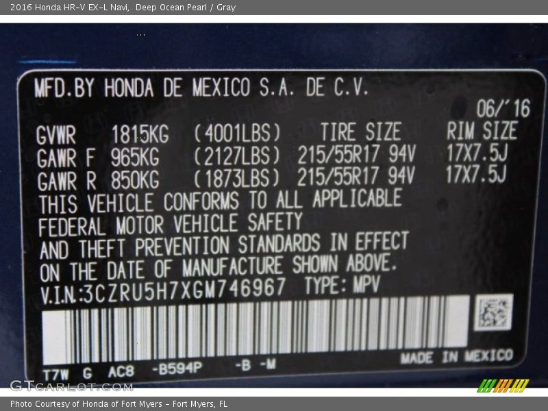 Deep Ocean Pearl / Gray 2016 Honda HR-V EX-L Navi