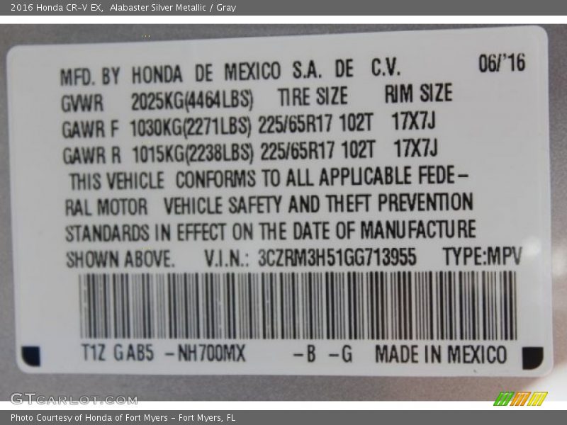 Alabaster Silver Metallic / Gray 2016 Honda CR-V EX