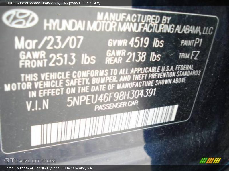 Deepwater Blue / Gray 2008 Hyundai Sonata Limited V6