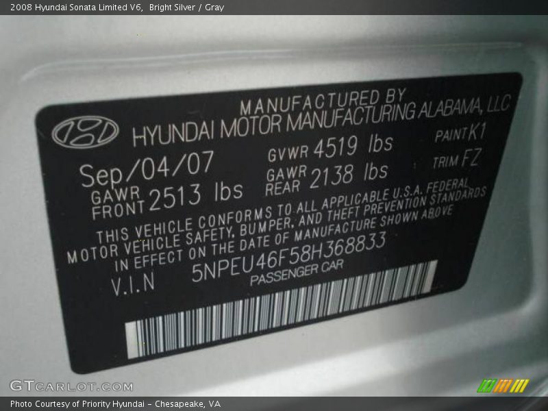 Bright Silver / Gray 2008 Hyundai Sonata Limited V6