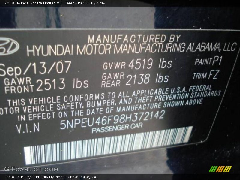 Deepwater Blue / Gray 2008 Hyundai Sonata Limited V6