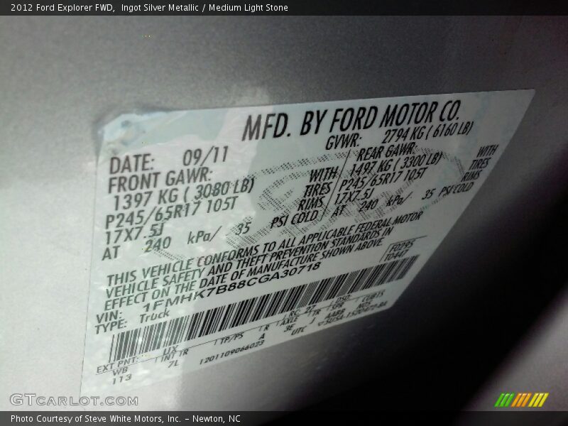 Ingot Silver Metallic / Medium Light Stone 2012 Ford Explorer FWD