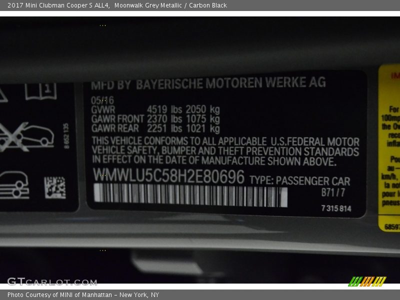 2017 Clubman Cooper S ALL4 Moonwalk Grey Metallic Color Code B71