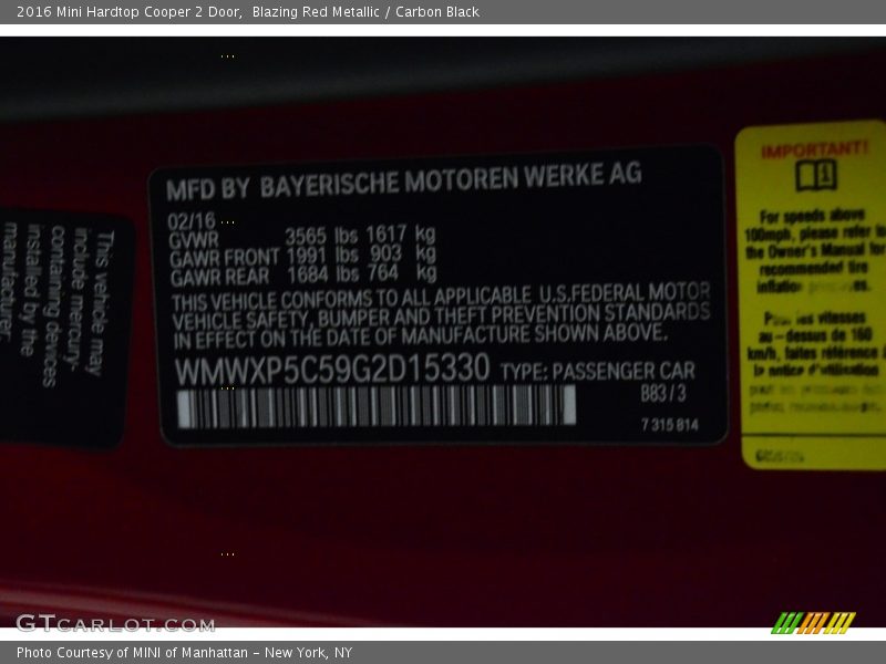 Blazing Red Metallic / Carbon Black 2016 Mini Hardtop Cooper 2 Door