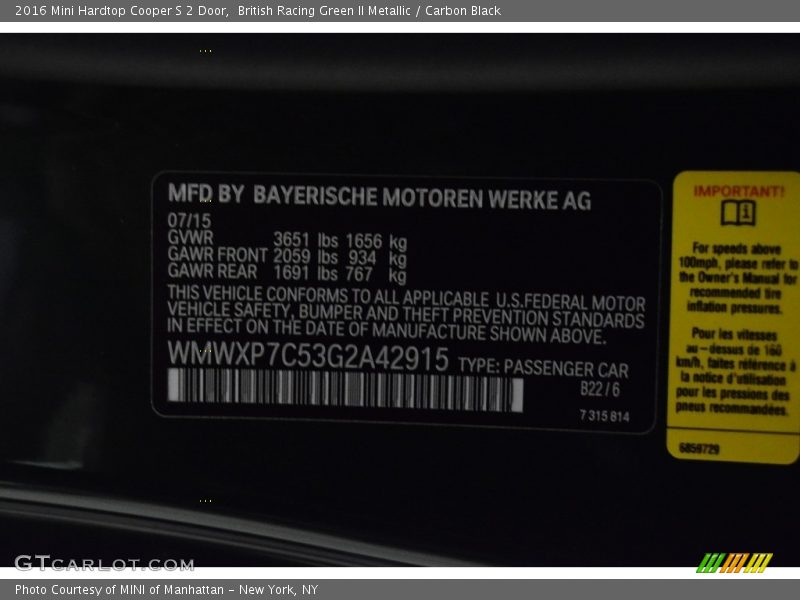British Racing Green II Metallic / Carbon Black 2016 Mini Hardtop Cooper S 2 Door