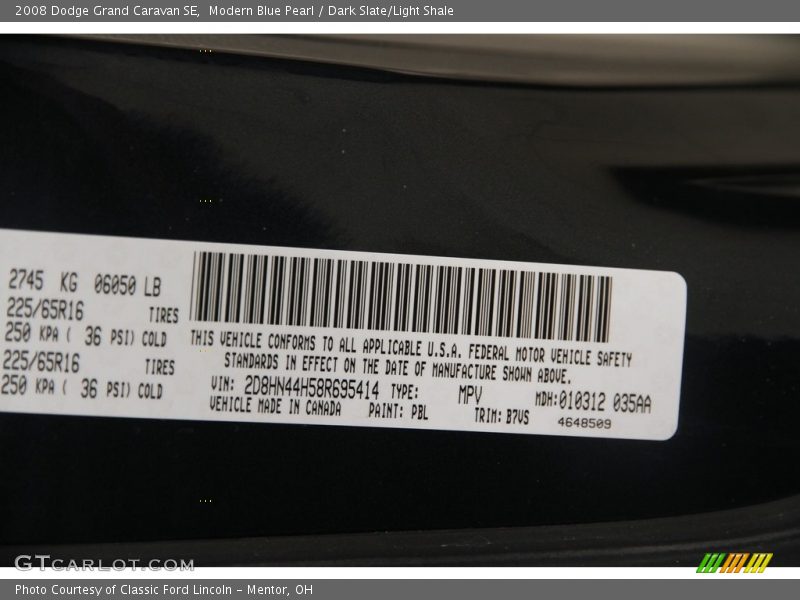 Modern Blue Pearl / Dark Slate/Light Shale 2008 Dodge Grand Caravan SE