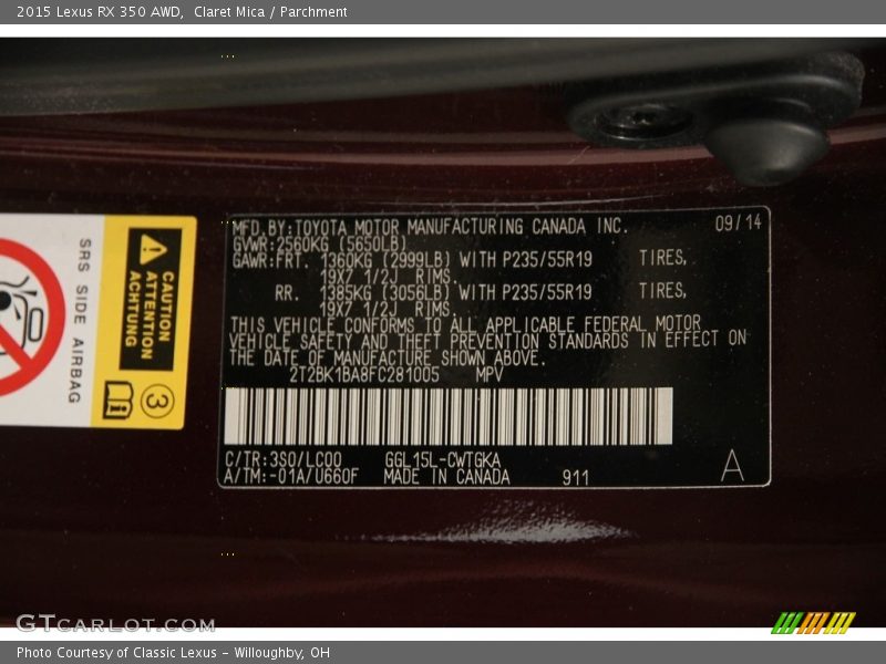 2015 RX 350 AWD Claret Mica Color Code 3S0