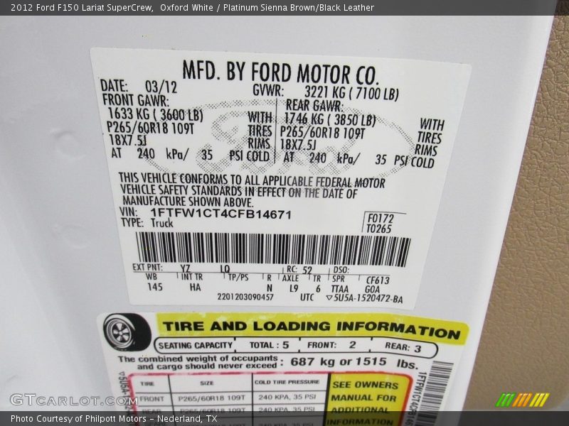 Oxford White / Platinum Sienna Brown/Black Leather 2012 Ford F150 Lariat SuperCrew