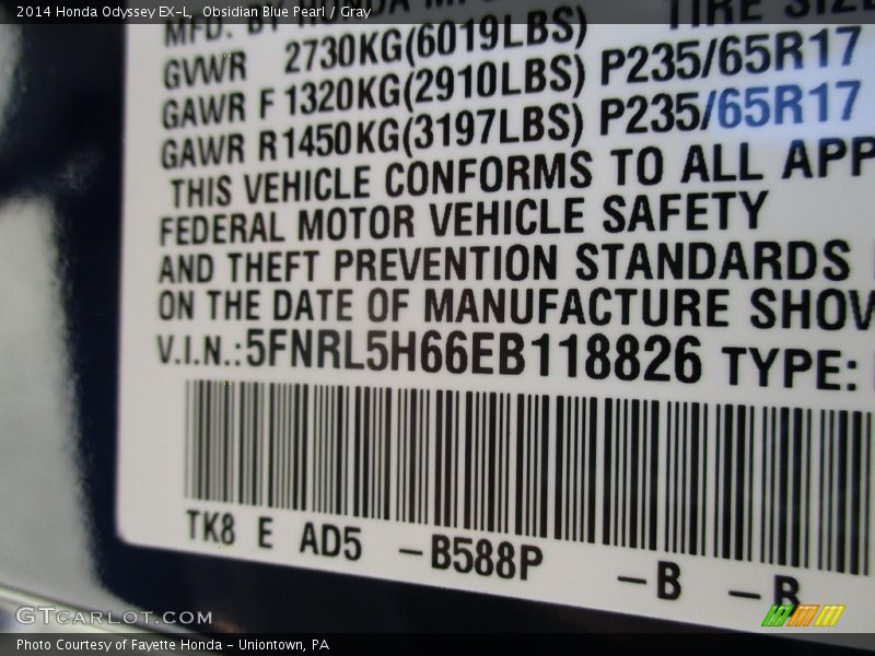 Obsidian Blue Pearl / Gray 2014 Honda Odyssey EX-L