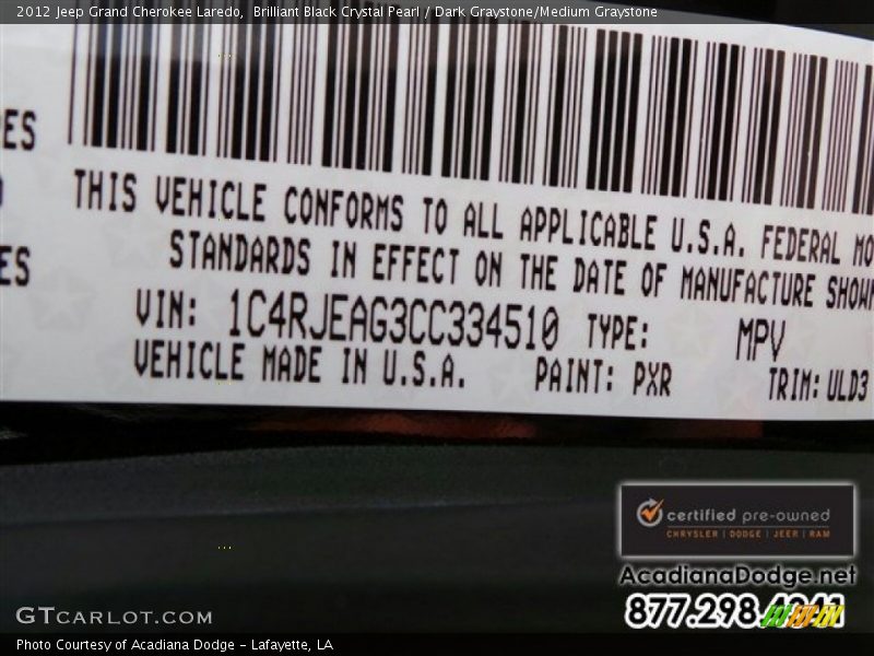 Brilliant Black Crystal Pearl / Dark Graystone/Medium Graystone 2012 Jeep Grand Cherokee Laredo