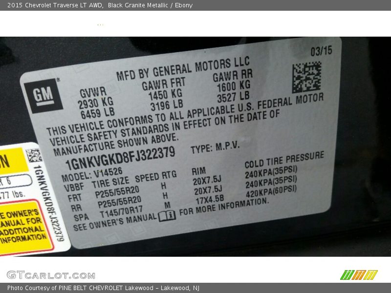 Black Granite Metallic / Ebony 2015 Chevrolet Traverse LT AWD