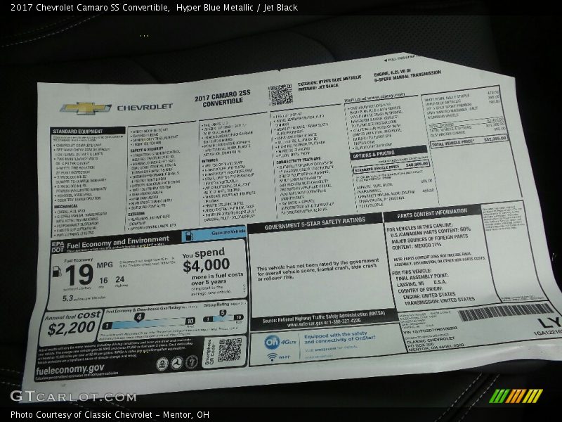  2017 Camaro SS Convertible Window Sticker