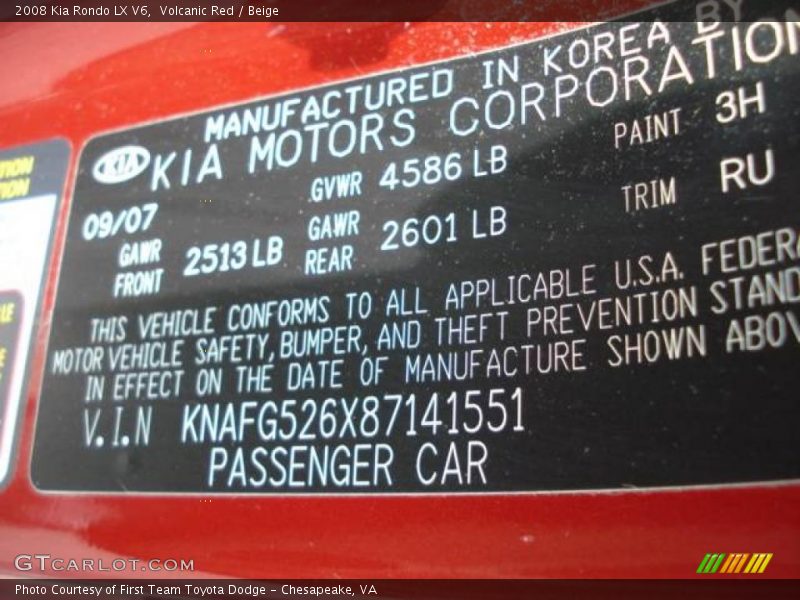 Volcanic Red / Beige 2008 Kia Rondo LX V6