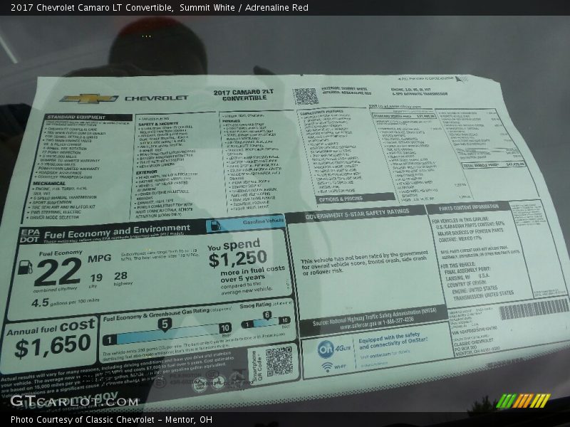  2017 Camaro LT Convertible Window Sticker