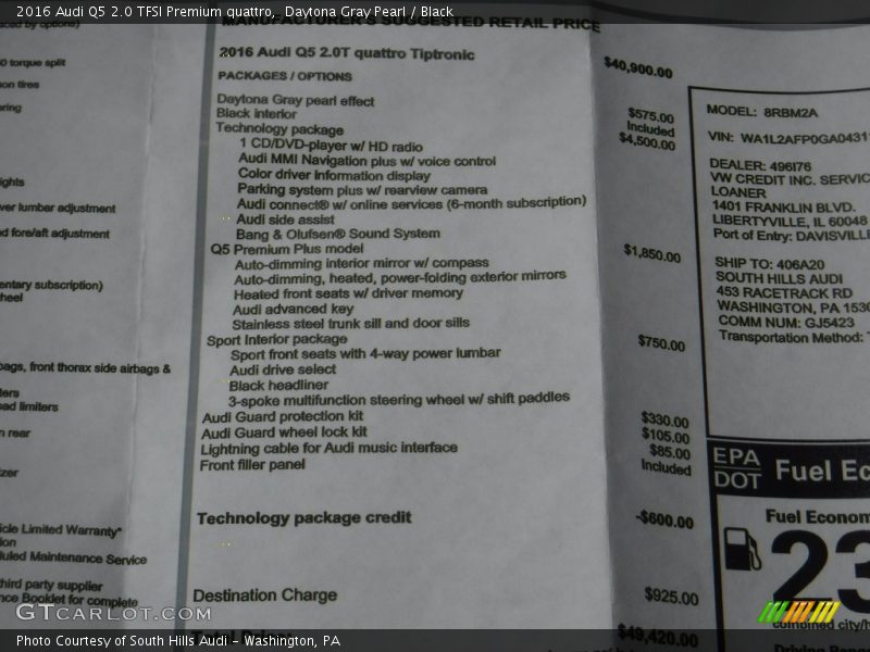 Daytona Gray Pearl / Black 2016 Audi Q5 2.0 TFSI Premium quattro