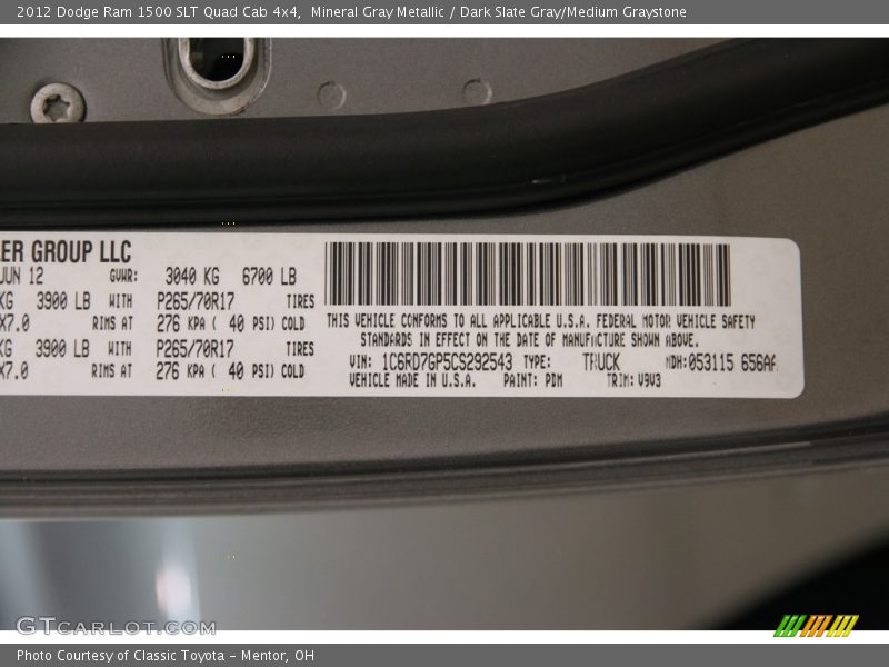 Mineral Gray Metallic / Dark Slate Gray/Medium Graystone 2012 Dodge Ram 1500 SLT Quad Cab 4x4