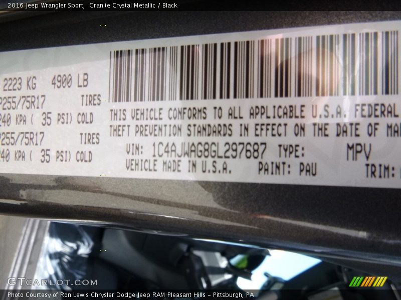Granite Crystal Metallic / Black 2016 Jeep Wrangler Sport