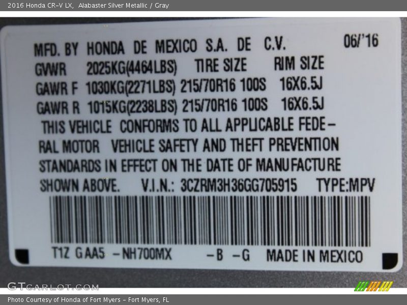 Alabaster Silver Metallic / Gray 2016 Honda CR-V LX