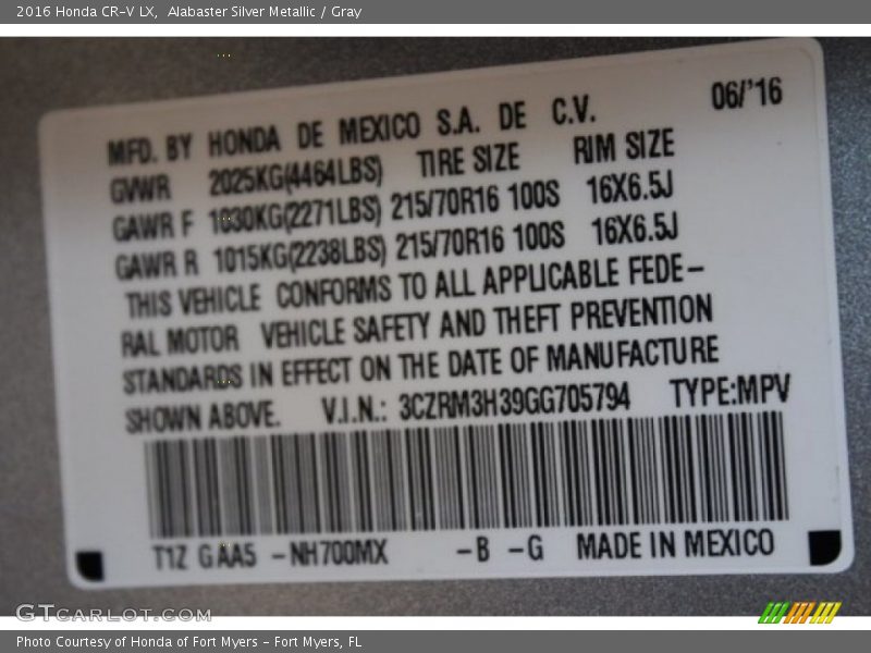 Alabaster Silver Metallic / Gray 2016 Honda CR-V LX