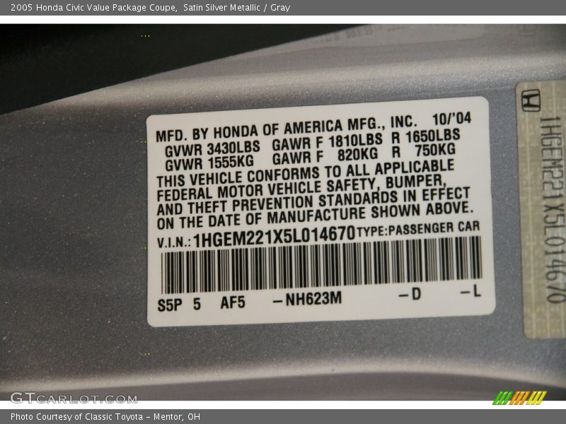 Satin Silver Metallic / Gray 2005 Honda Civic Value Package Coupe