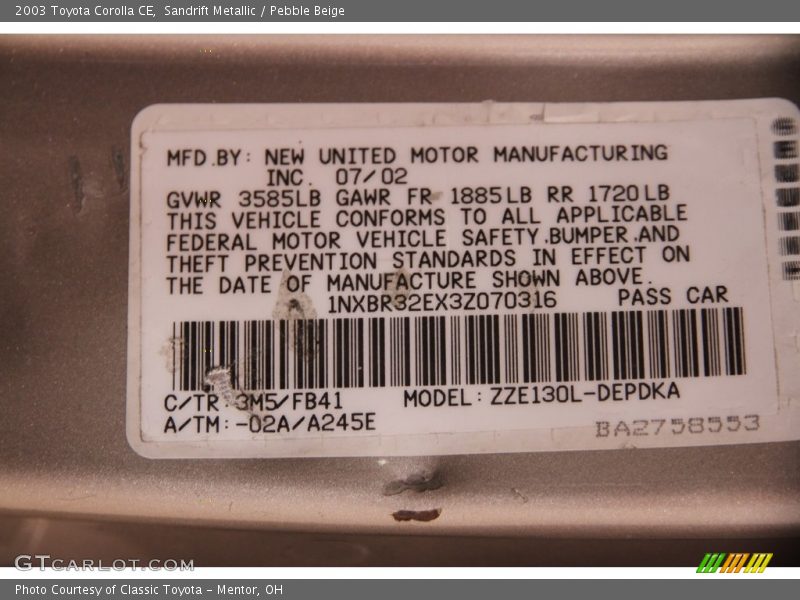 Sandrift Metallic / Pebble Beige 2003 Toyota Corolla CE