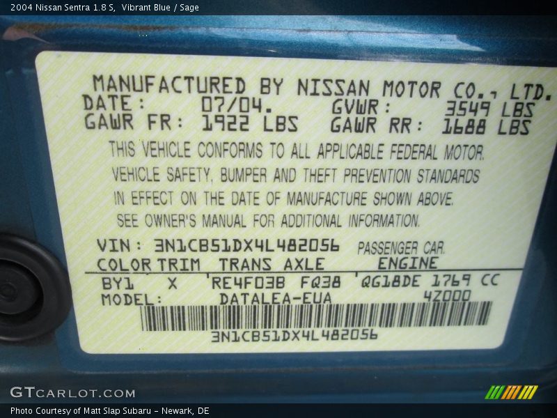 Vibrant Blue / Sage 2004 Nissan Sentra 1.8 S