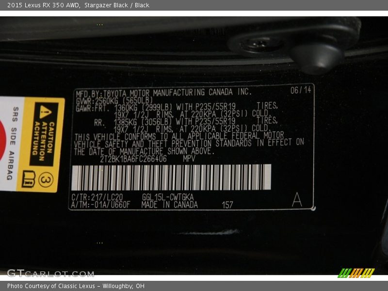 2015 RX 350 AWD Stargazer Black Color Code 217